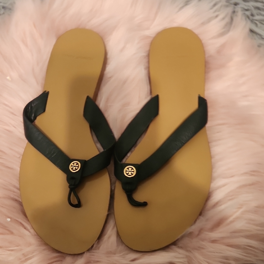 Tory Burch Black and Tan Sandals with Metallic Embellishments